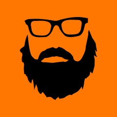 Orange square with a black beard and glasses