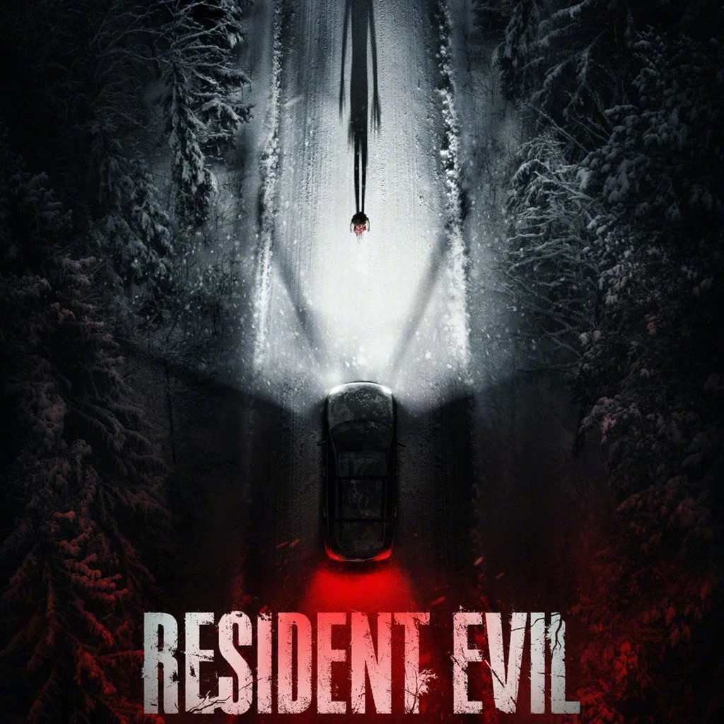 Resident Evil movie poster, a car on a snowy forest road at night